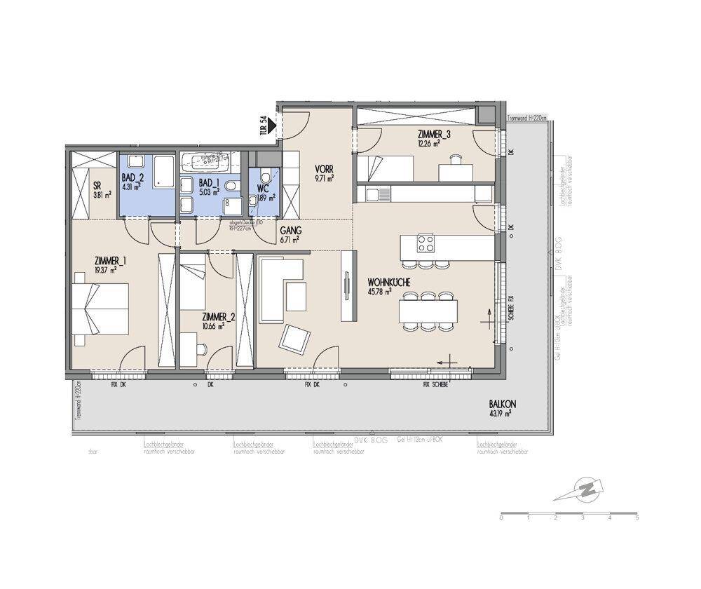 Detaillierter Grundriss einer Wohnung mit drei Zimmern, offener Wohnküche und großem Balkon.