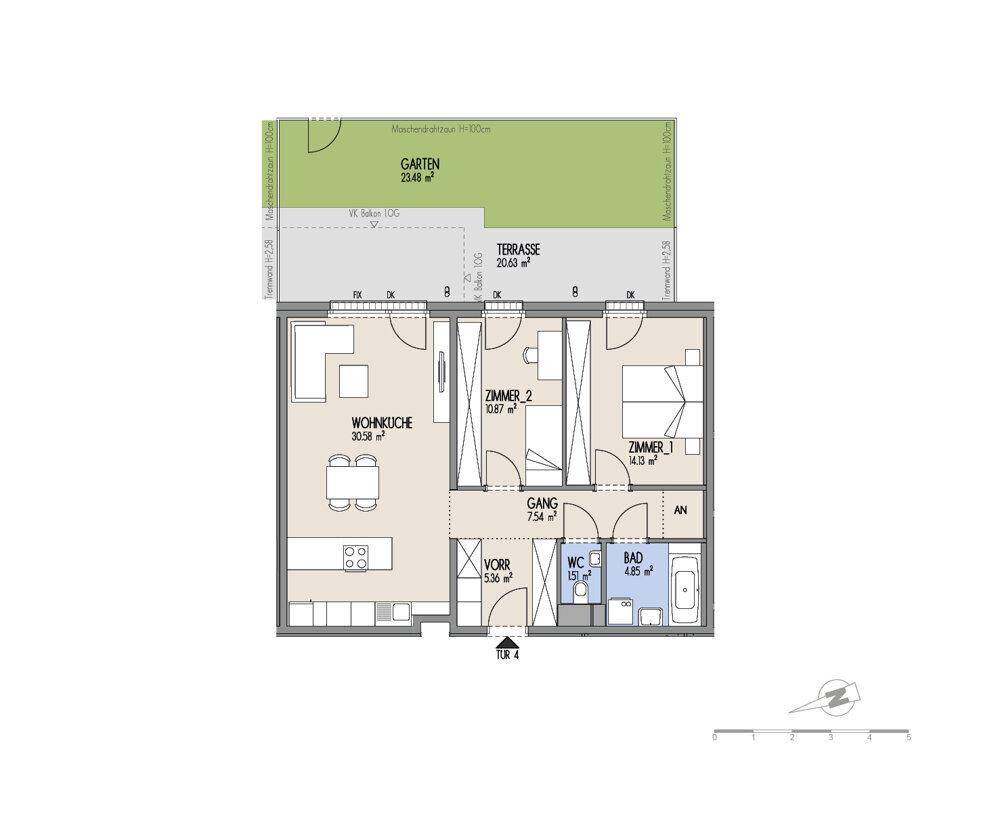 Grundriss einer Wohnung mit offener Wohnküche, zwei Zimmern, Bad, separatem WC, Terrasse und Garten.