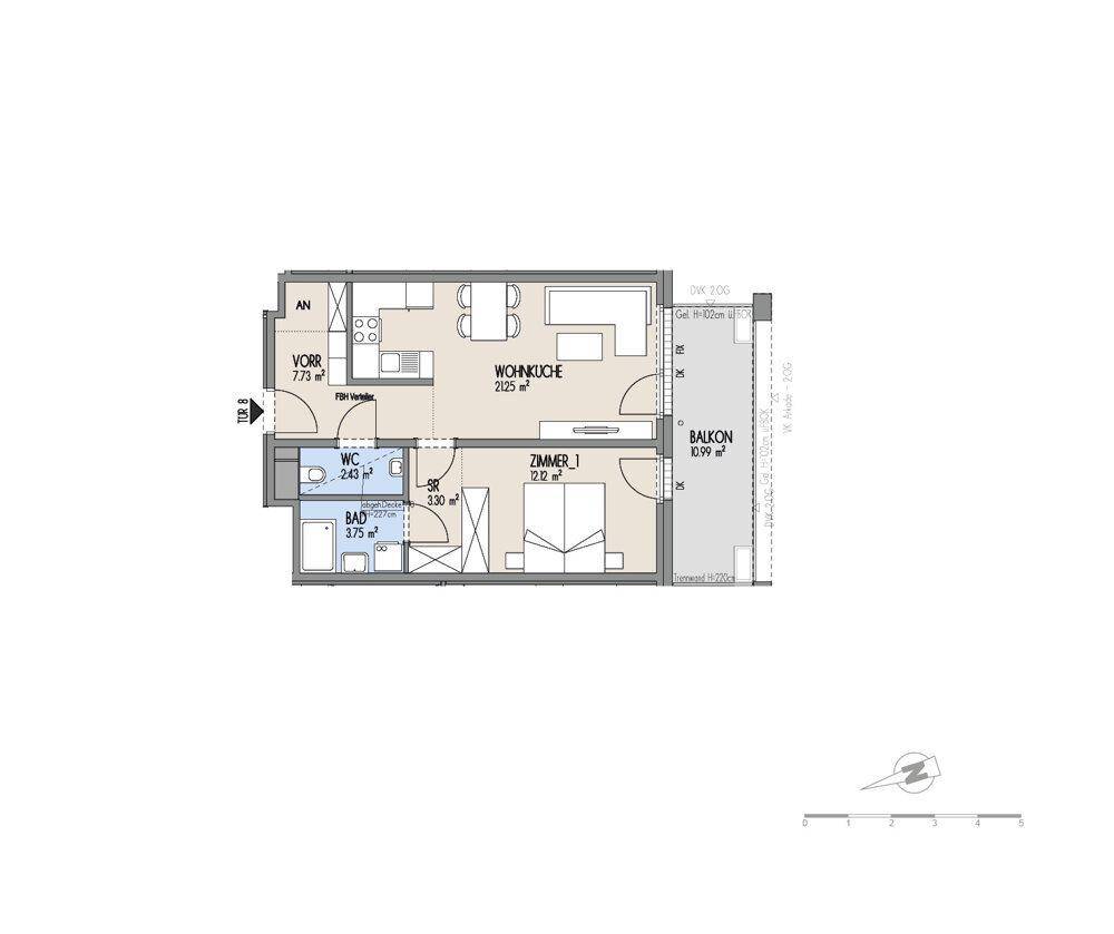 Grundriss einer Wohnung mit offener Wohnküche, einem Schlafzimmer, Bad, separatem WC und Balkon.