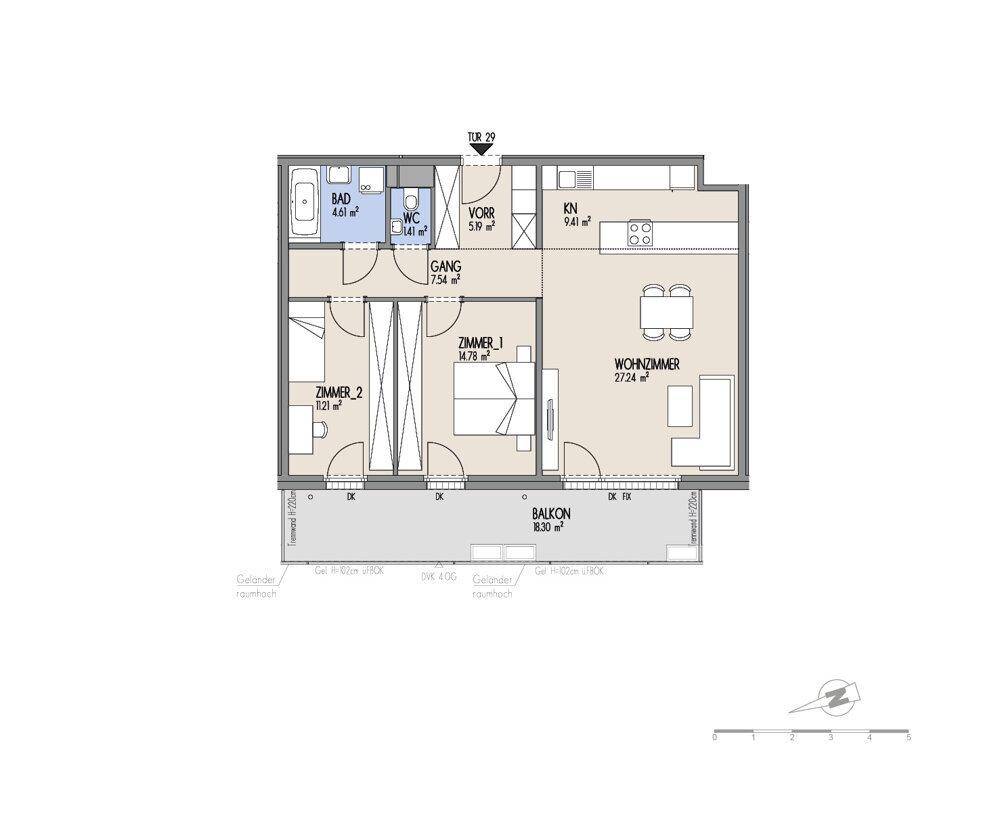 Grundriss einer Wohnung mit zwei Schlafzimmern, offenem Wohnbereich und großem Balkon.