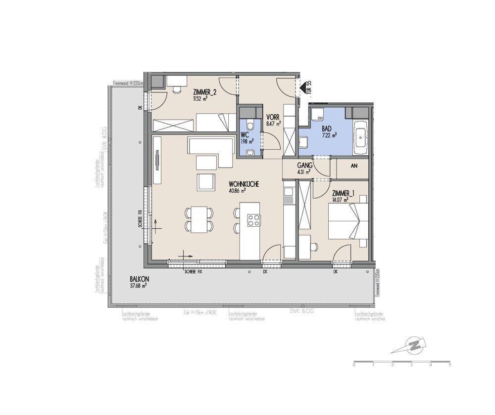 Grundriss einer Wohnung mit offenem Wohnbereich, zwei Schlafzimmern, Bad, Gäste-WC und Balkon.
