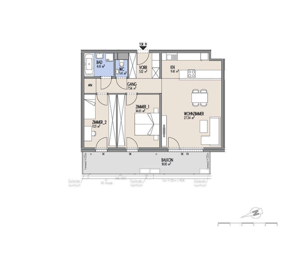 Grundriss einer modernen Wohnung mit zwei Zimmern, Bad, separatem WC und großem Balkon.