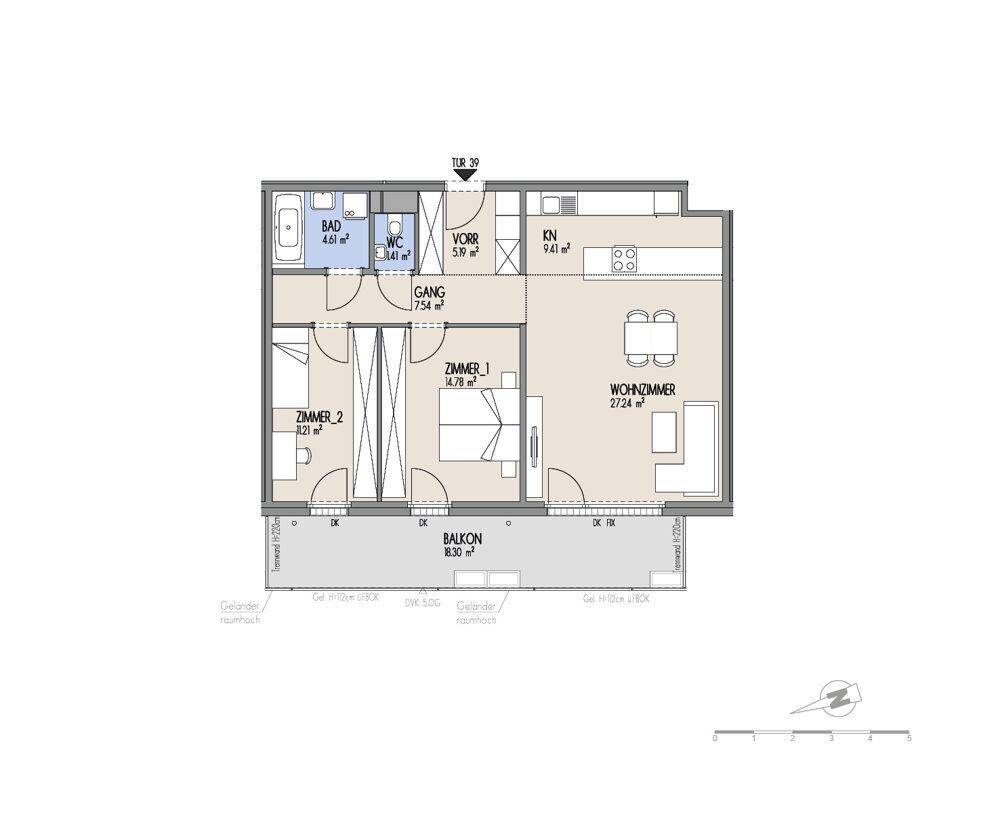 Grundriss einer Wohnung mit zwei Zimmern, Bad, WC und großem Balkon.