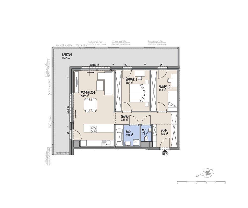 Grundriss einer Wohnung mit offener Wohnküche, zwei Schlafzimmern, Bad, WC und großem Balkon.