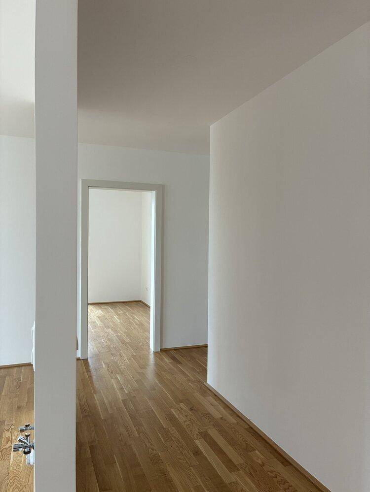 Geräumiger Flur mit Parkettboden und weißen Wänden, der den Zugang zu einem weiteren Zimmer ermöglicht.