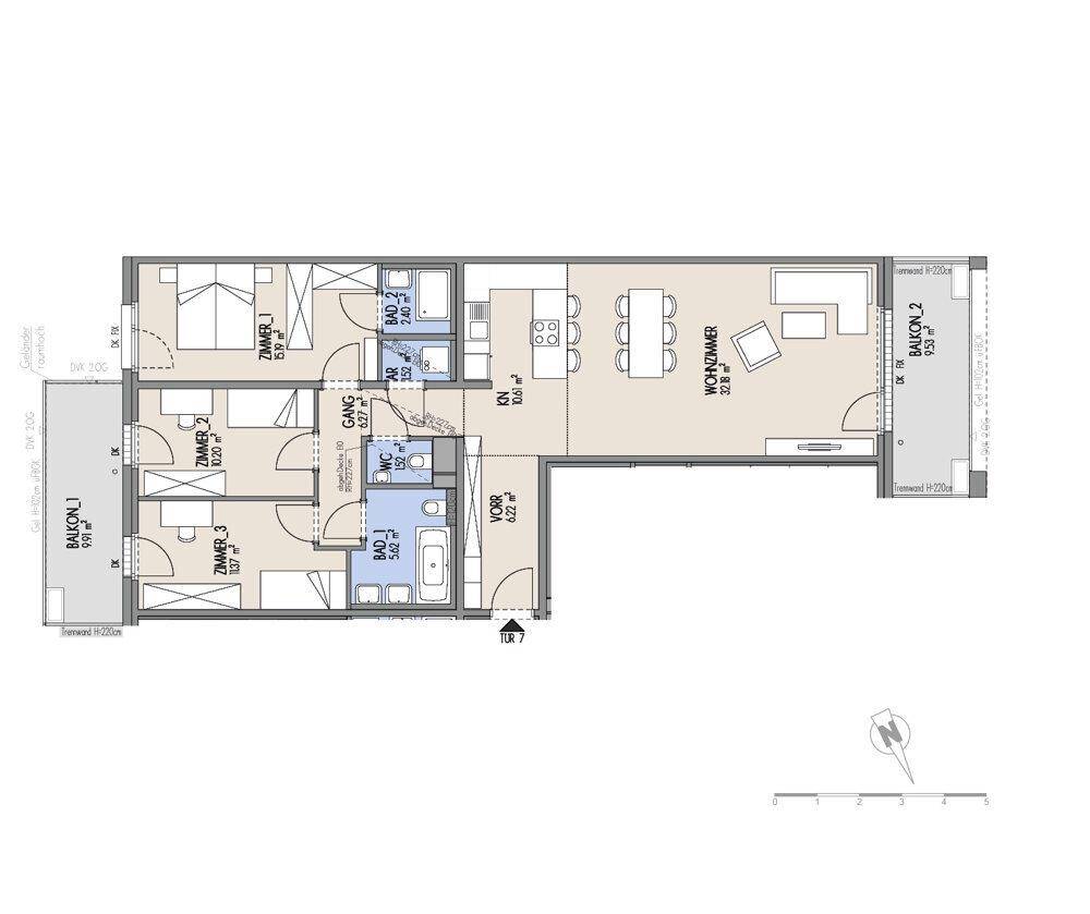 Grundriss einer Wohnung mit drei Schlafzimmern, zwei Bädern, separatem WC und offenem Wohnbereich.