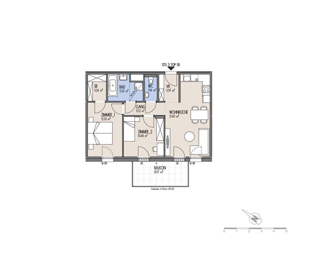 Detaillierter Grundriss einer Wohnung mit zwei Zimmern, Bad, WC und Balkon.