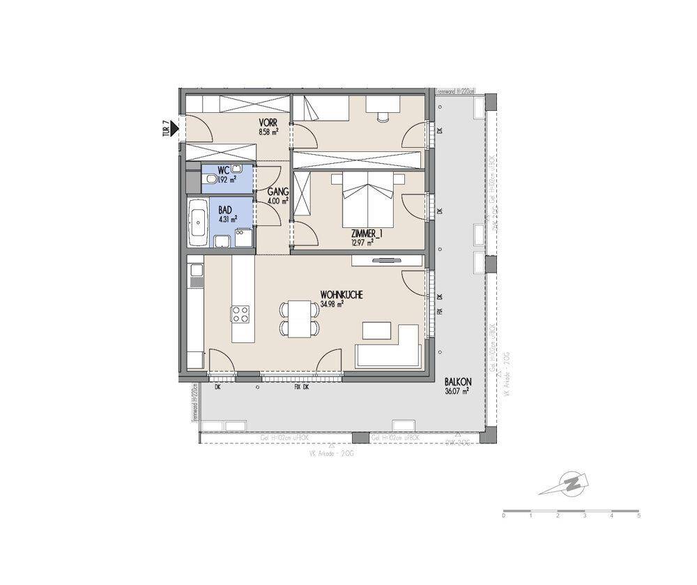 Grundriss einer Wohnung mit offenem Wohn-Kochbereich, Schlafzimmer und Balkon.