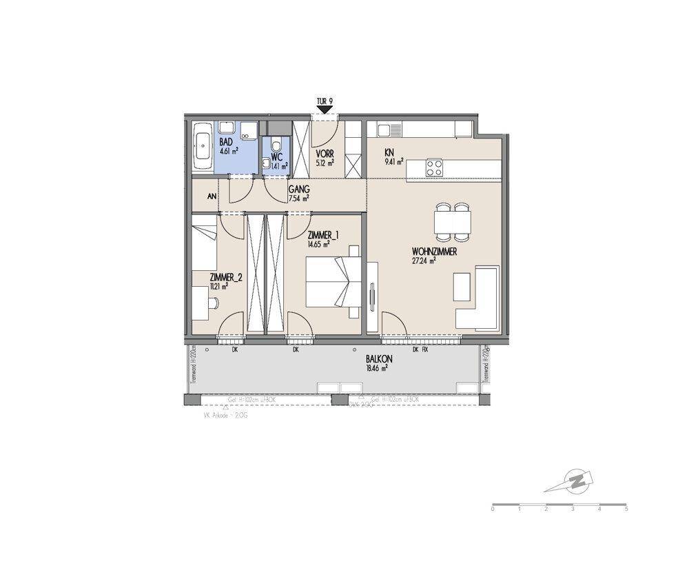Grundriss einer Wohnung mit zwei Schlafzimmern, einem Balkon und offenem Wohn- und Küchenbereich.