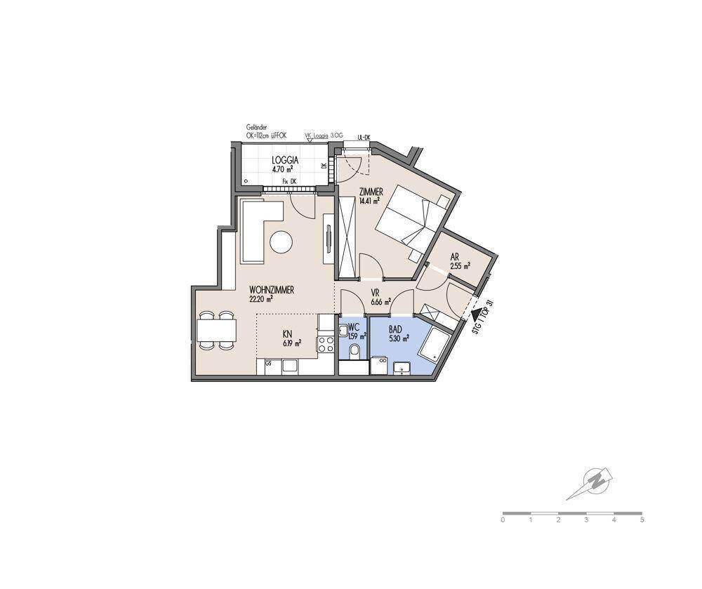 Grundriss einer Wohnung mit Wohnzimmer, Schlafzimmer, Bad, WC und Loggia.