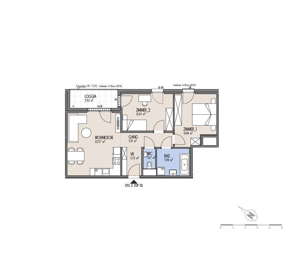 Detaillierter Grundriss einer Wohnung mit Loggia, zwei Zimmern, Wohnküche und Bad.