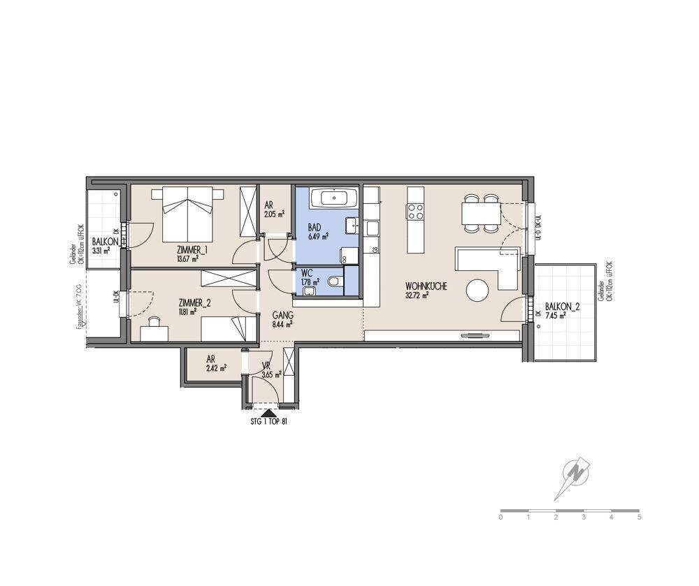 Grundriss einer Wohnung mit zwei Balkonen, zwei Zimmern und einer offenen Wohnküche.