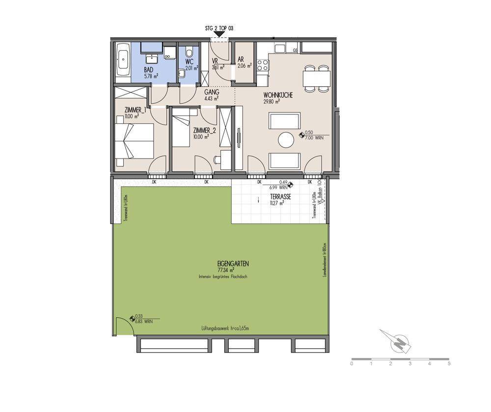 Detaillierter Grundriss einer Wohnung mit zwei Zimmern, Wohnküche, Bad und Terrasse mit Garten.
