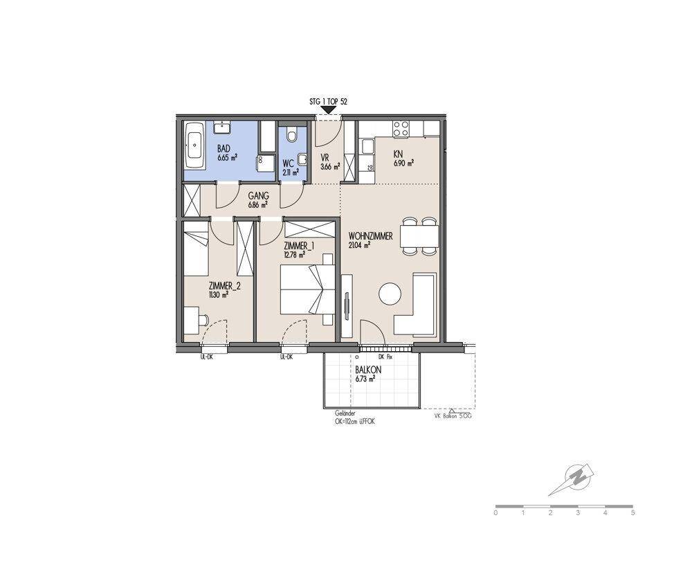 Grundriss einer Wohnung mit zwei Zimmern, Bad, WC und Balkon.
