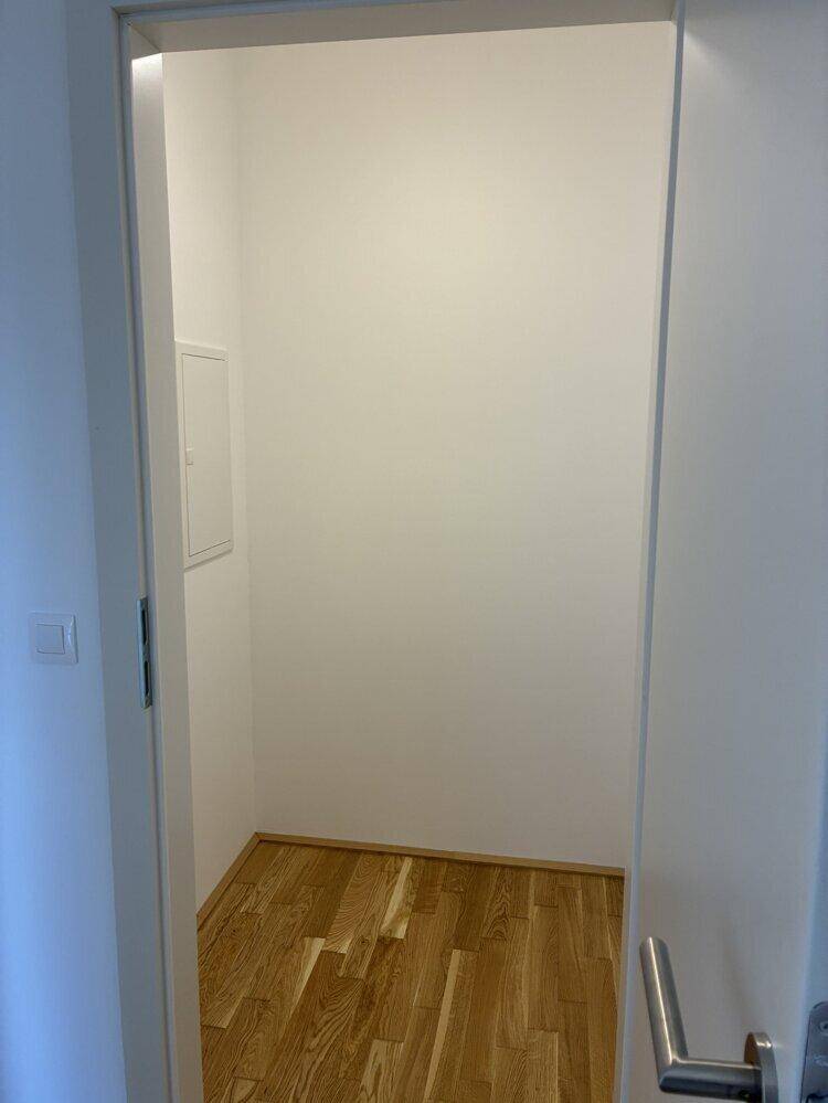 Praktischer Abstellraum mit Parkettboden, ideal für zusätzlichen Stauraum.