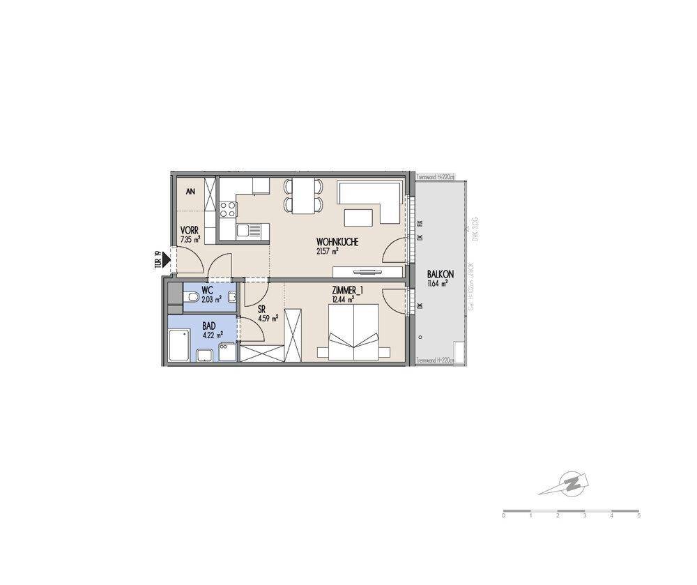 Übersichtlicher Grundriss einer Wohnung mit offener Wohnküche, Schlafzimmer und Balkon.