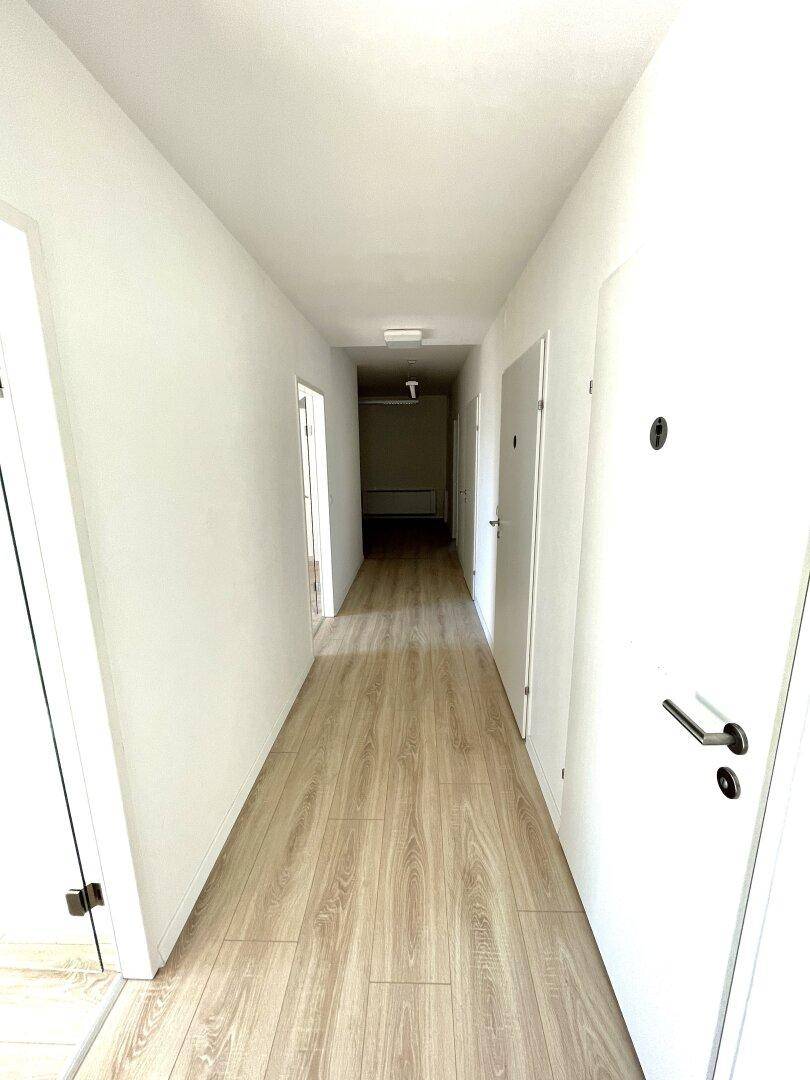Langer, heller Flur mit mehreren Türen und durchgehendem Laminatboden.