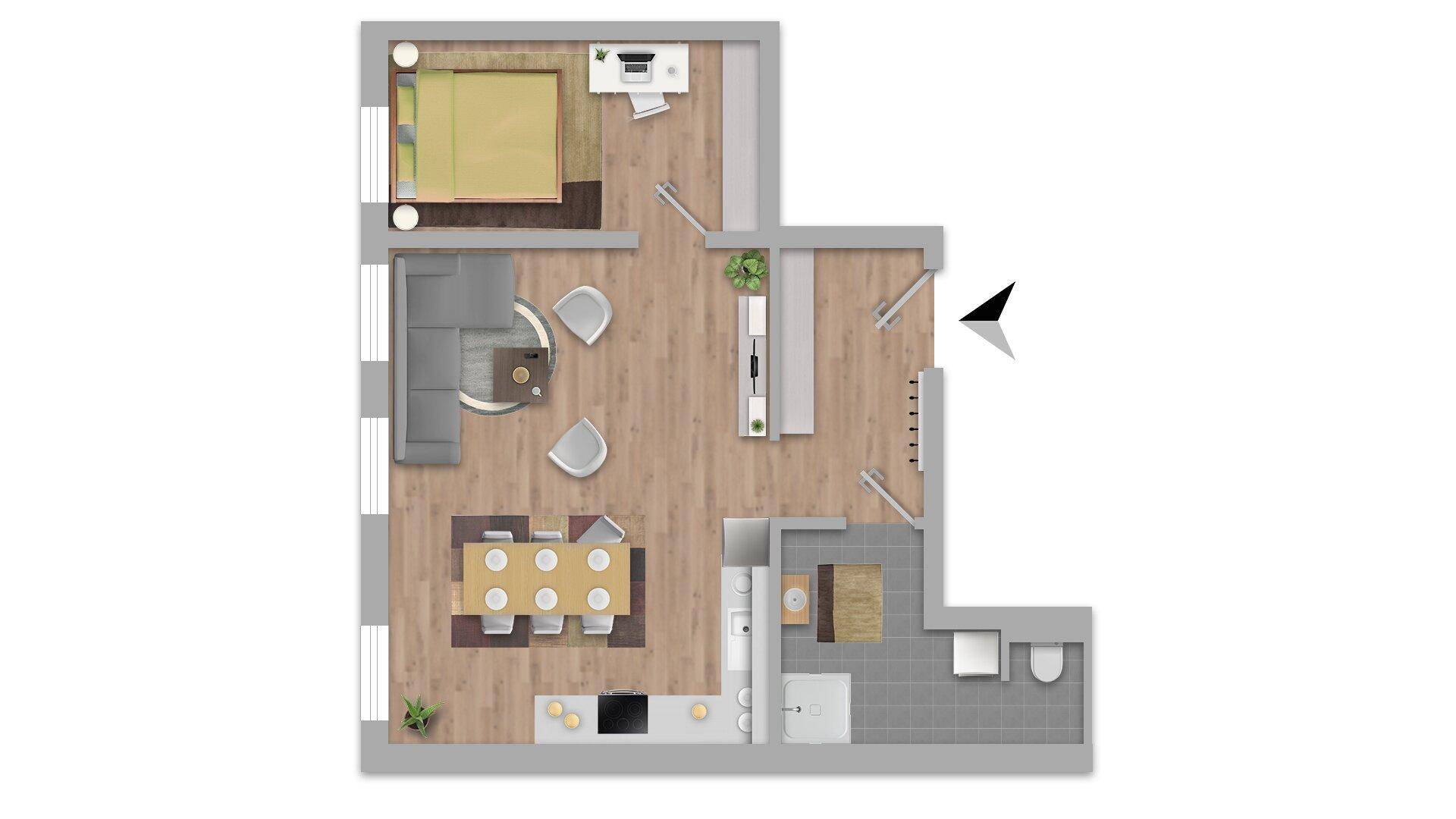 Übersichts-Grundriss der Wohnung mit offenem Wohnbereich, Schlafzimmer und Bad.