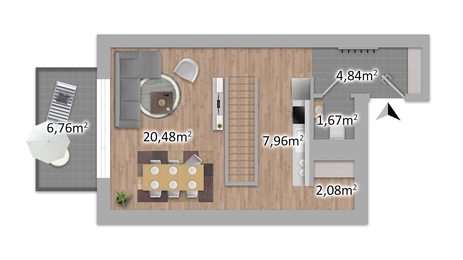 Grundriss des Erdgeschosses mit offenem Wohn-Essbereich, integrierter Küche und großer Terrasse.