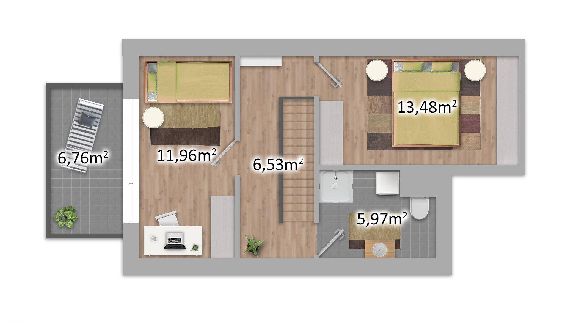 Grundriss des Obergeschosses mit zwei Schlafzimmern, einem Badezimmer und Zugang zur Terrasse.