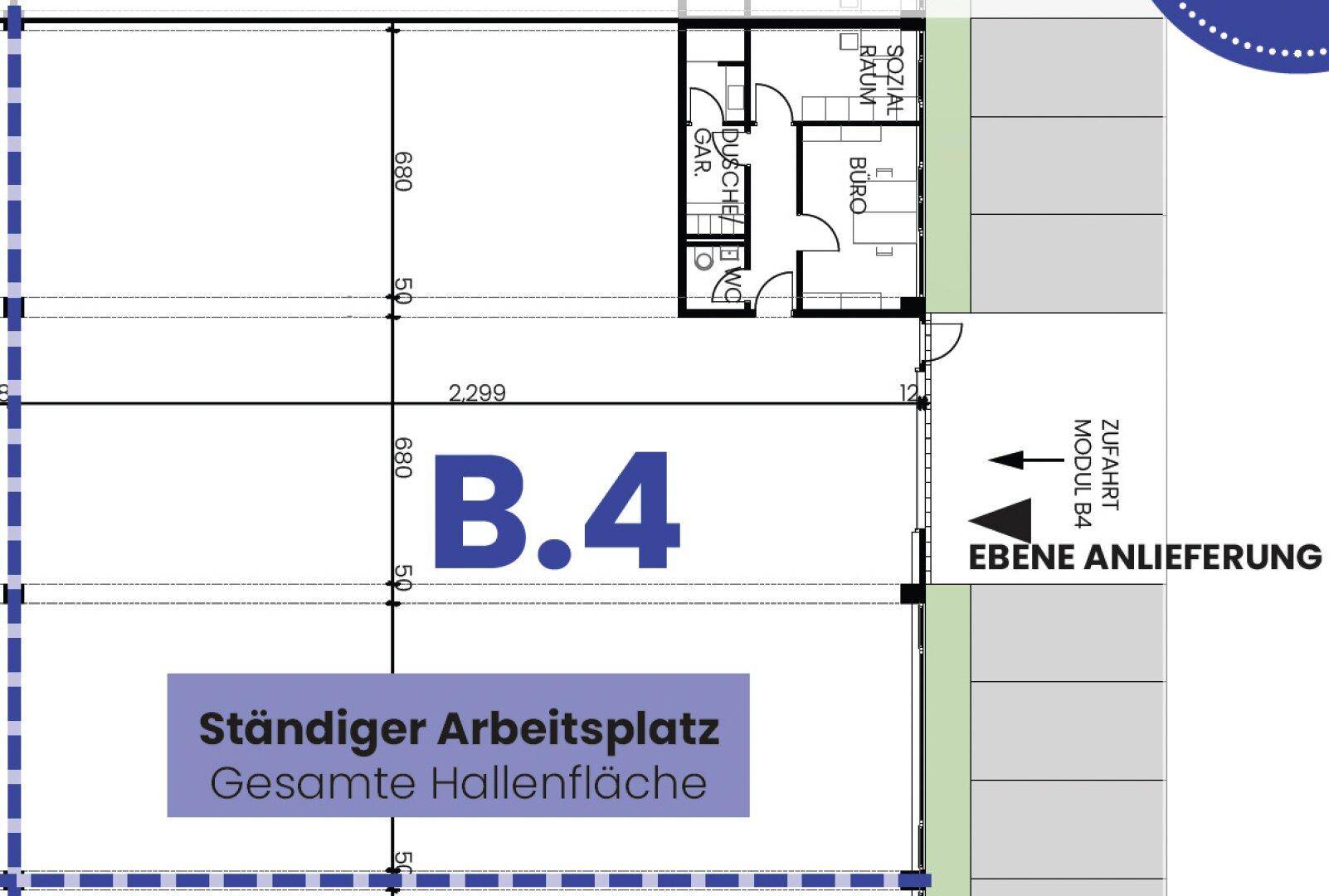 Nahaufnahme des Grundrisses von Modul B.4, zeigt Zugang zu Büro, Dusche, WC und Sozialraum.