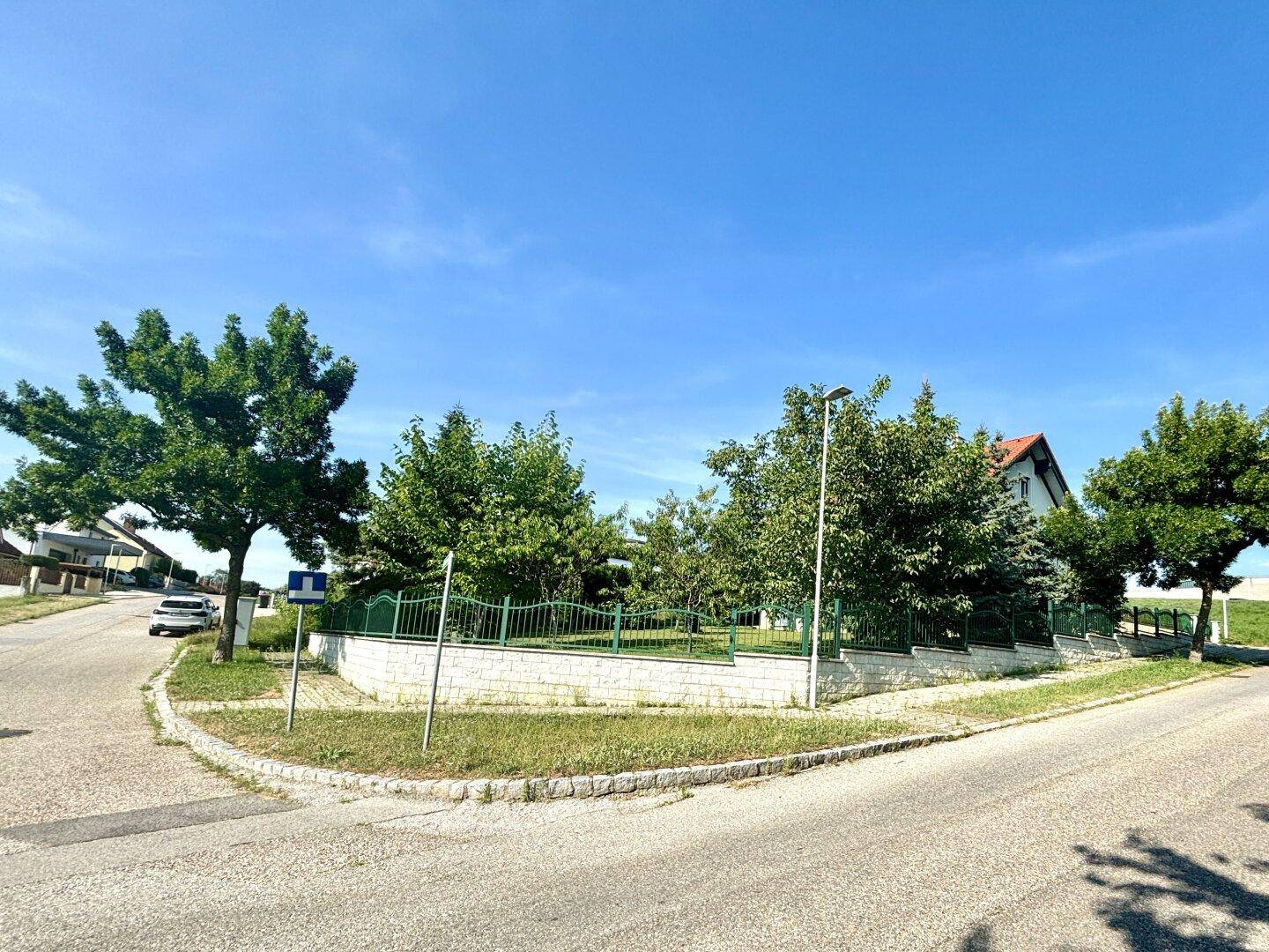 Ruhige Wohnstraße mit Einfamilienhäusern und viel Grün in sonniger Umgebung.