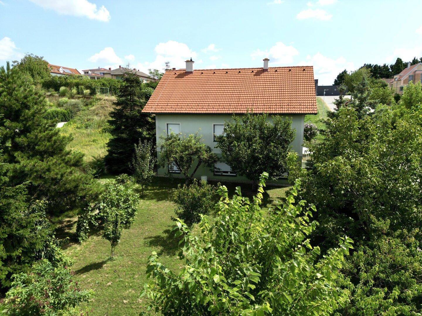 Rückansicht eines Einfamilienhauses mit Garten und vielen Bäumen unter blauem Himmel.