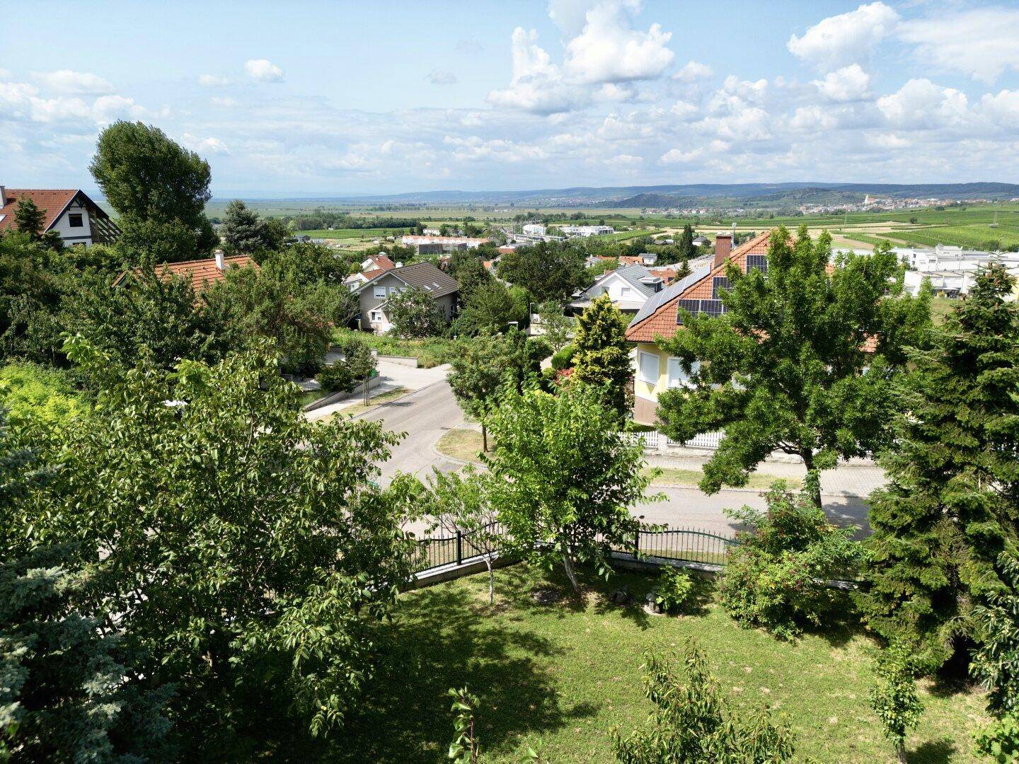 Panoramablick über eine Wohnsiedlung mit grünen Gärten und weitem Horizont.
