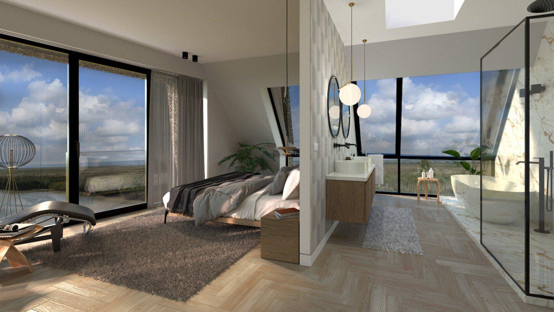 Modernes Schlafzimmer mit offenem Badbereich, großen Fenstern und weitem Blick auf die Landschaft.