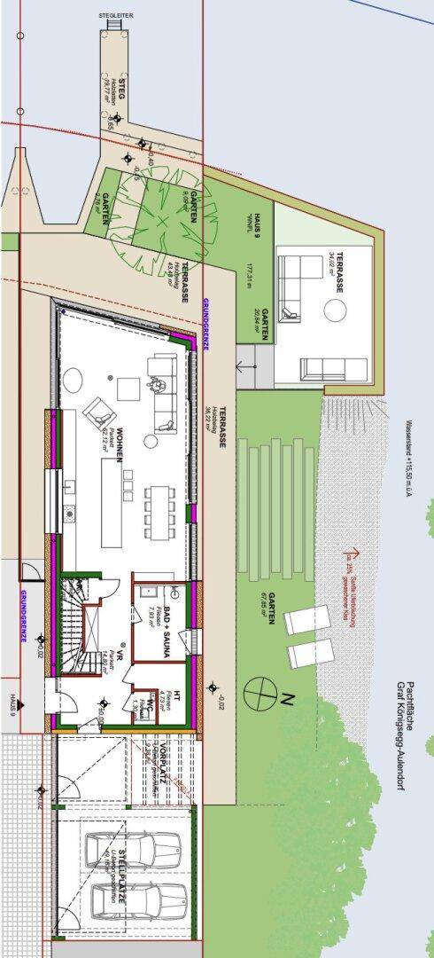 Detaillierter Grundriss des Erdgeschosses mit Wohn-Essbereich, Küche, Terrasse und Garten.