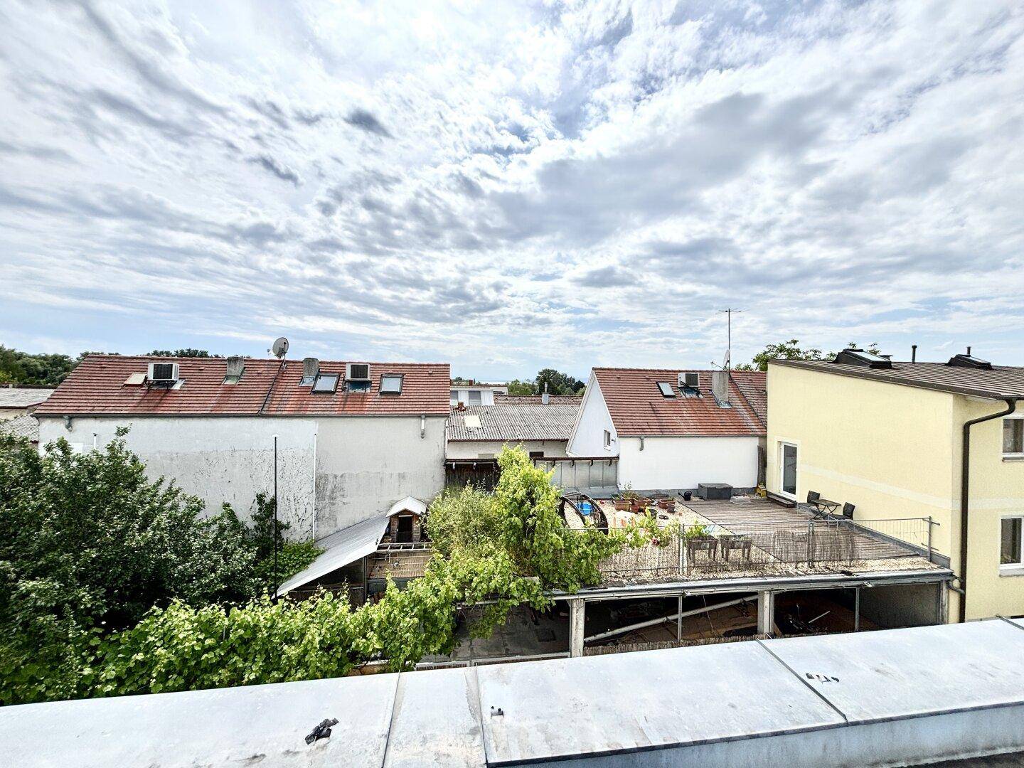 Blick über die Dächer der Nachbarschaft unter einem bewölkten Himmel.