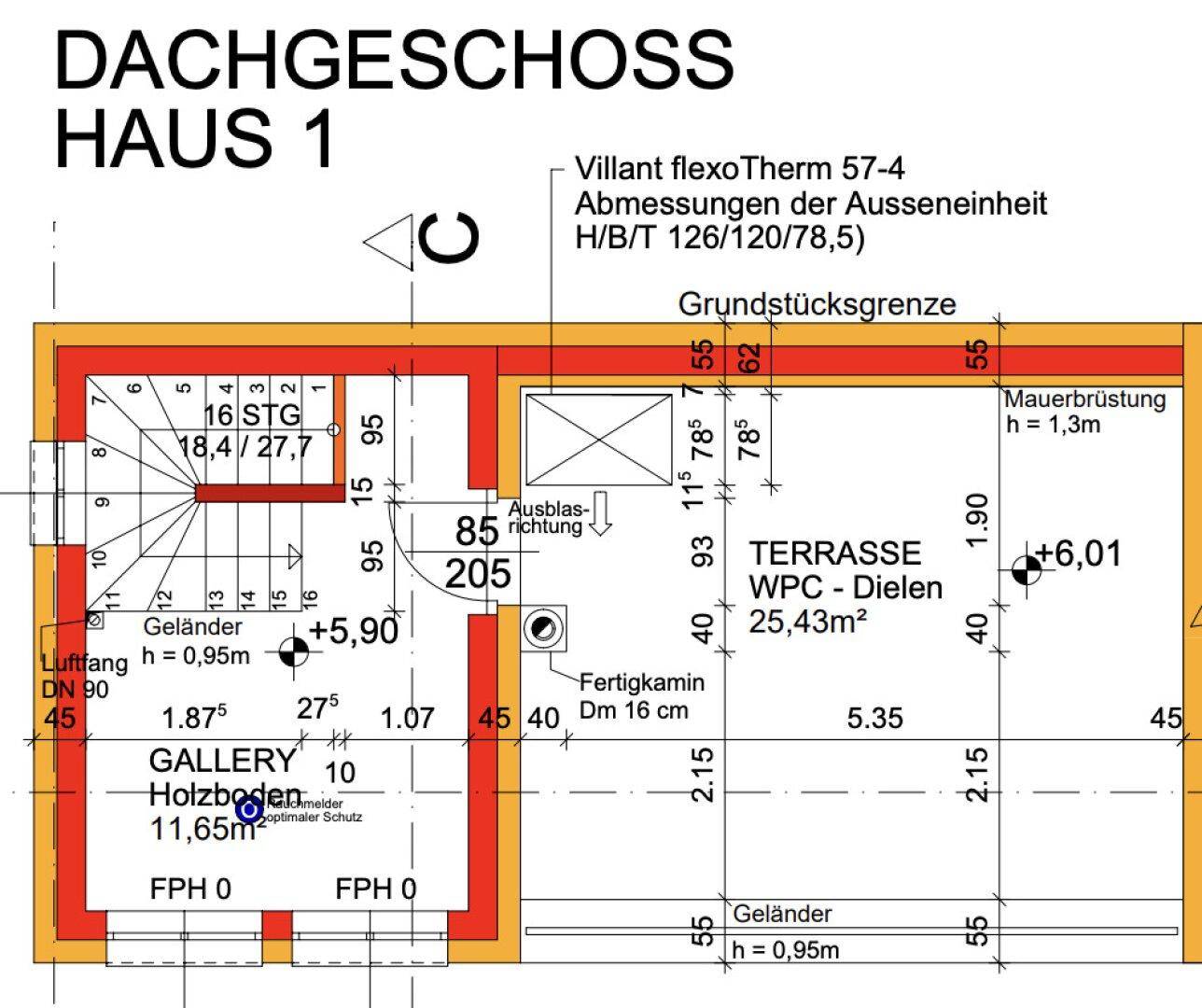 Grundriss des Dachgeschosses von Haus 1 mit Galerie und großer Terrasse.