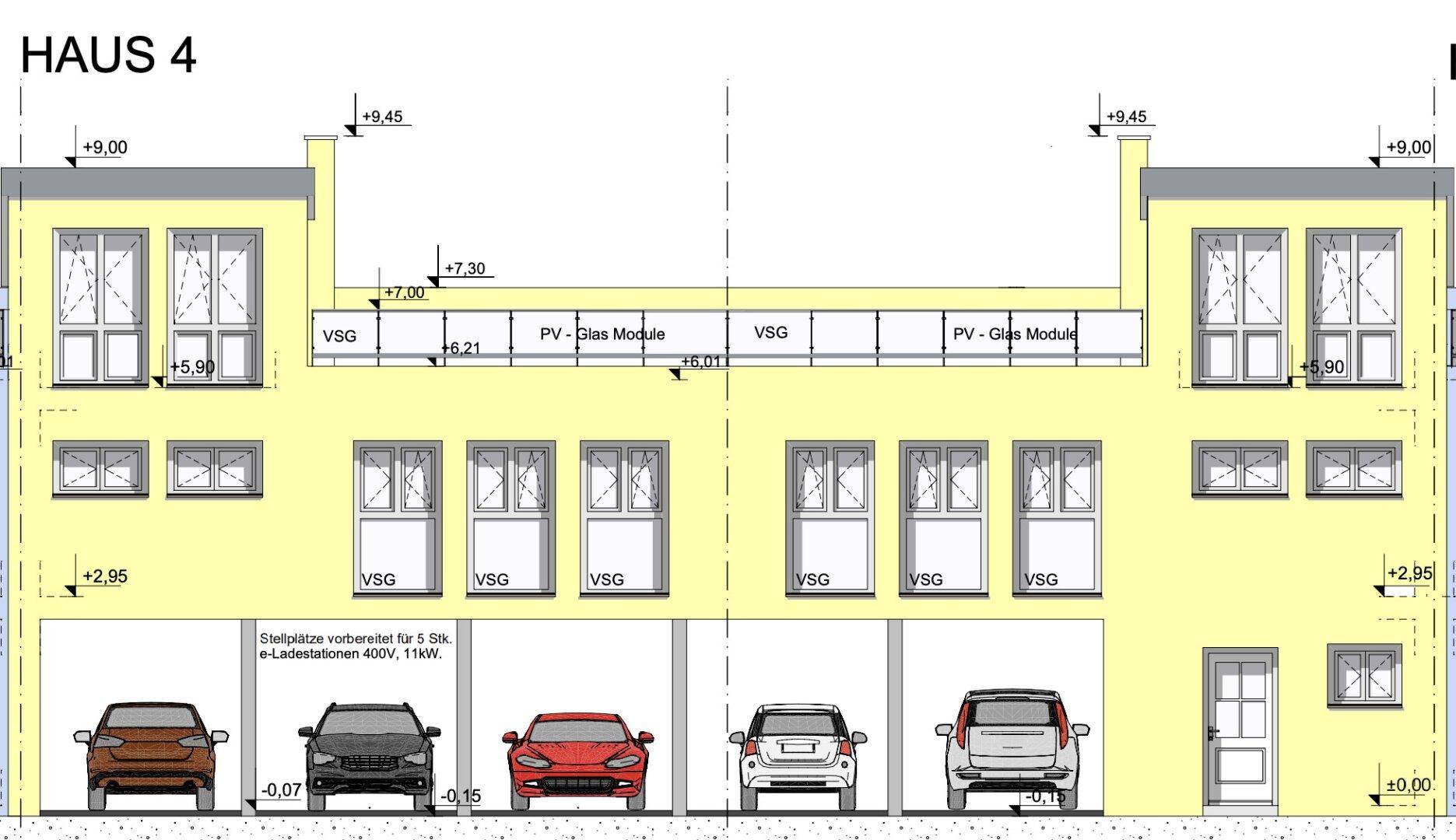 Ansicht von Haus 4 mit Fenstern, Tür und Photovoltaik-Modulen auf dem Dach.