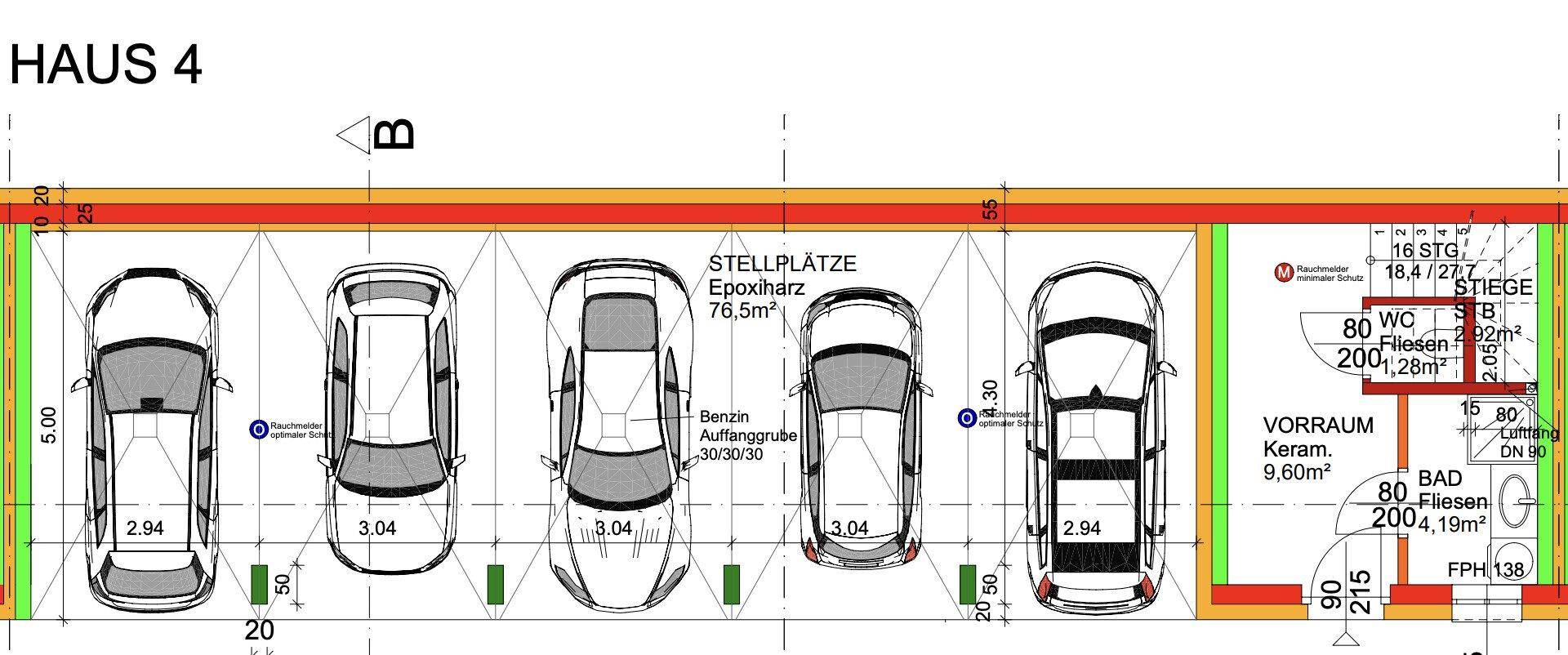 Grundriss der Stellplätze von Haus 4 mit angrenzendem Bad und Vorraum.