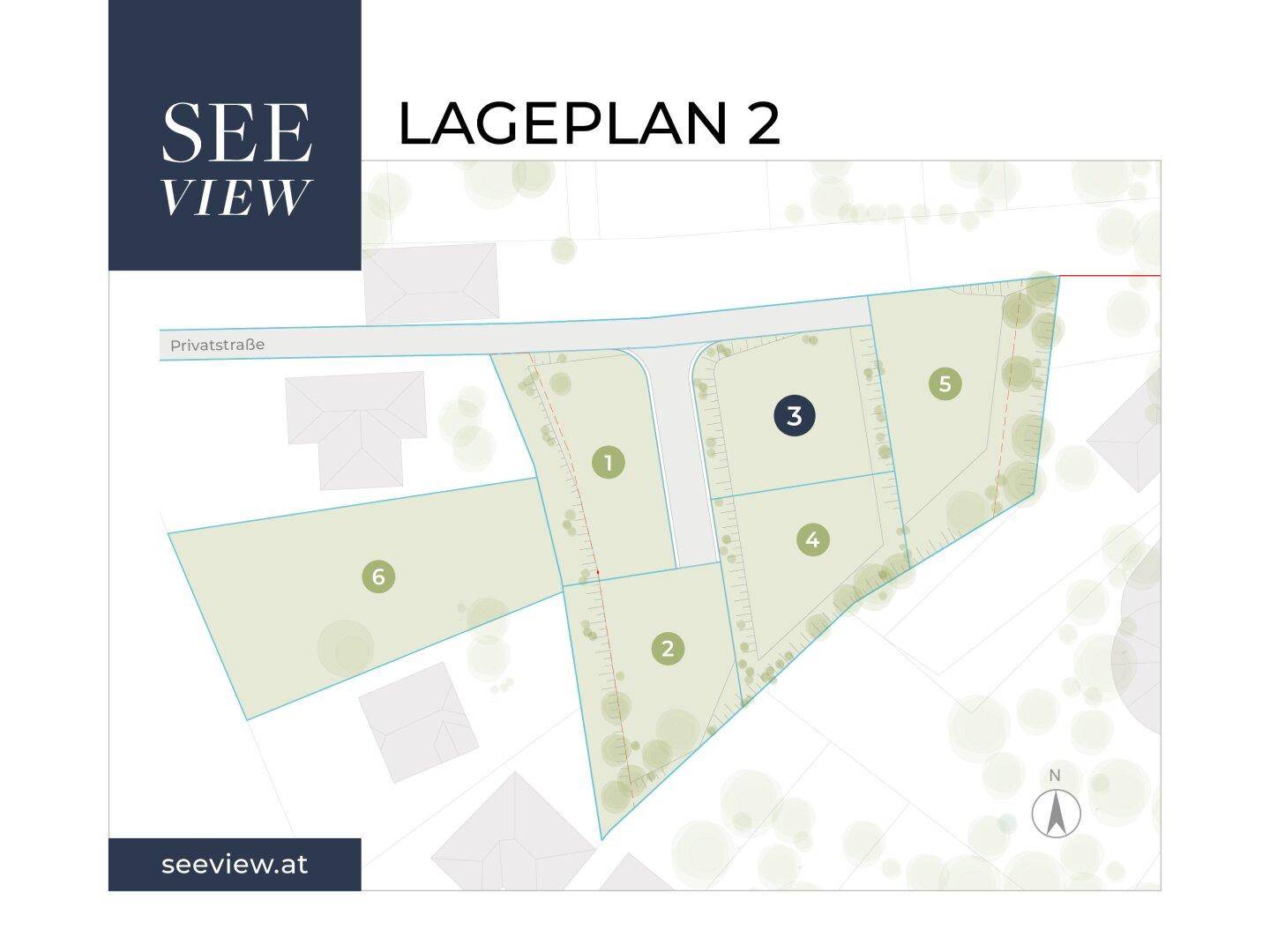 Übersichtlicher Lageplan mit Parzellierung der Grundstücke und einer privaten Zufahrtsstraße.