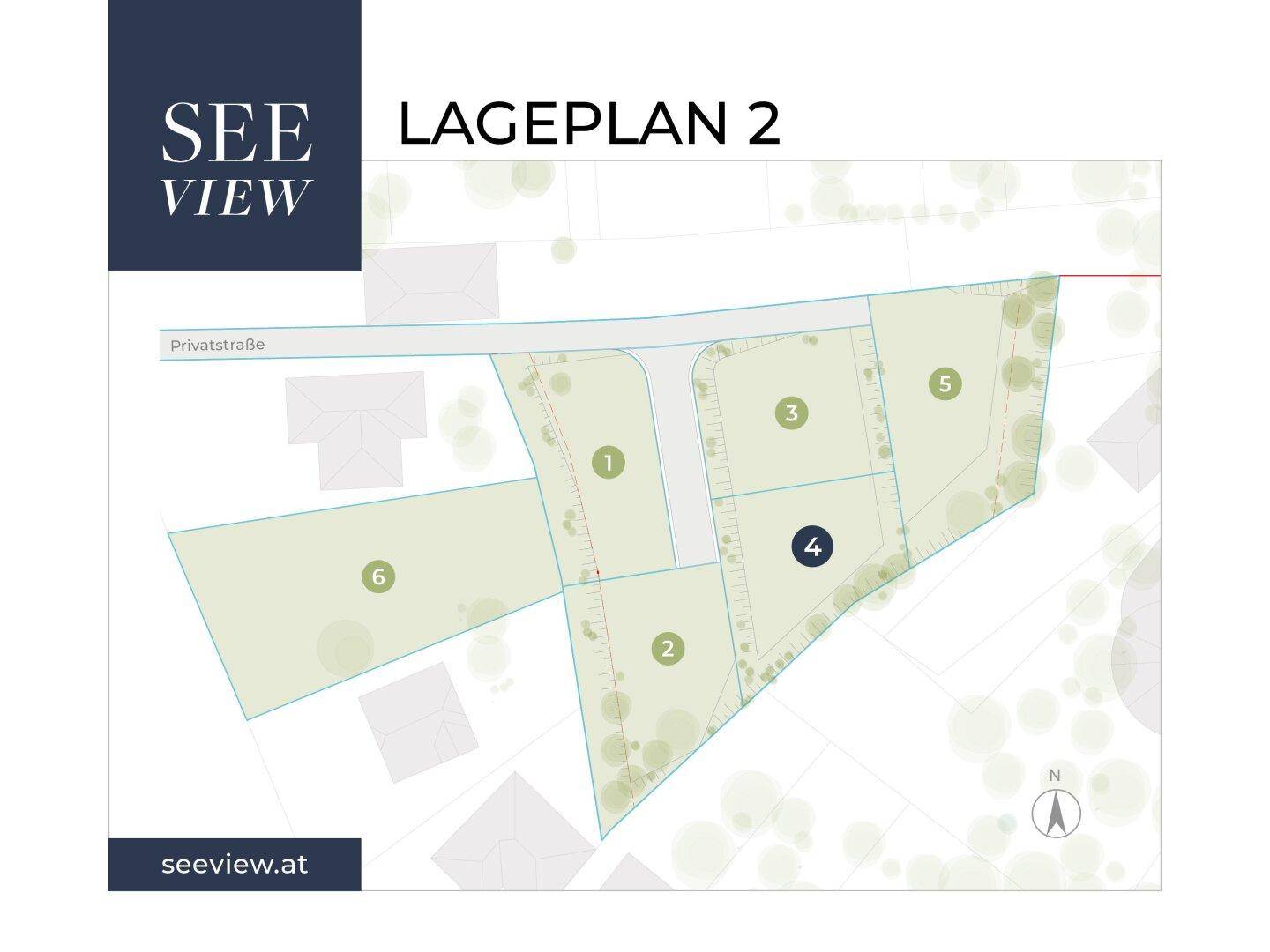 Übersichtlicher Lageplan 2 mit Grundstücksaufteilung und privater Zufahrtsstraße.