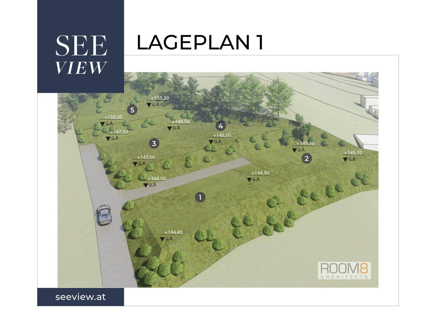 Übersichtlicher Lageplan mit fünf Parzellen, Zufahrtsweg und eingezeichneter Bepflanzung.