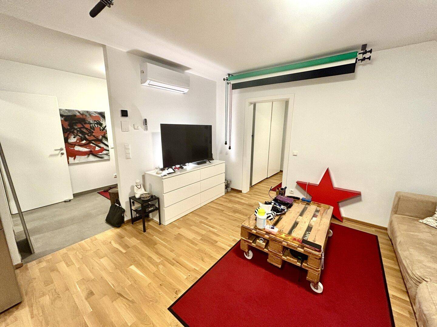 Gemütliches Wohnzimmer mit Holzboden, Fernseher und kreativem Paletten-Couchtisch.