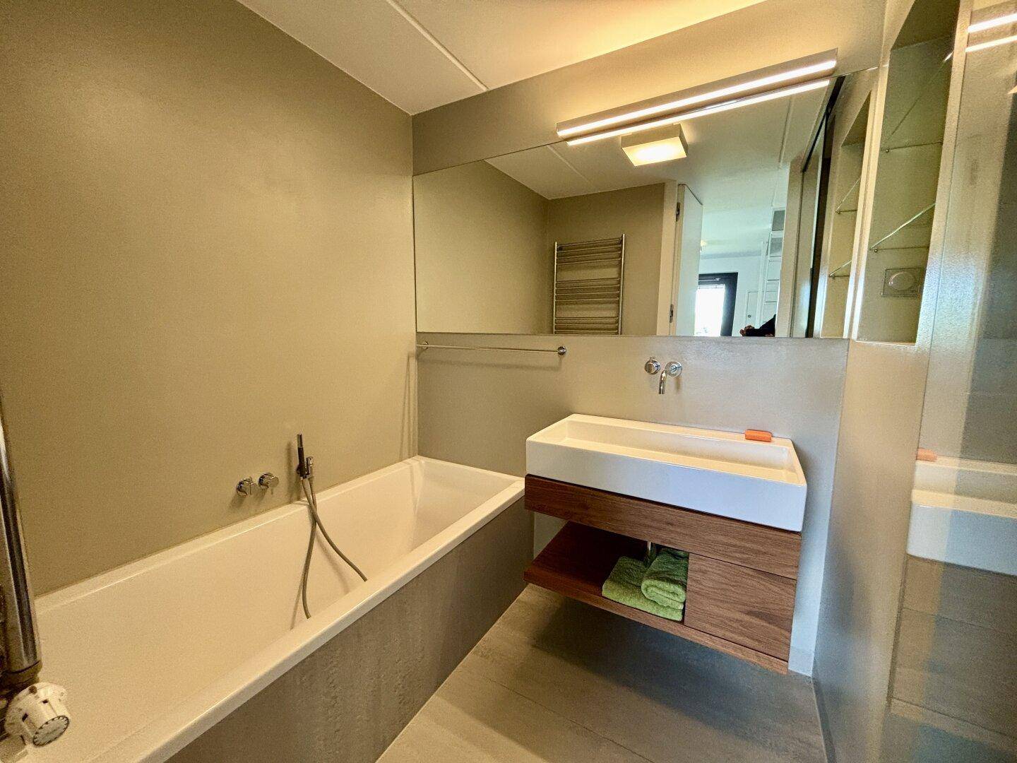 Modernes Badezimmer mit Badewanne, Einzelwaschbecken und großem Spiegel.