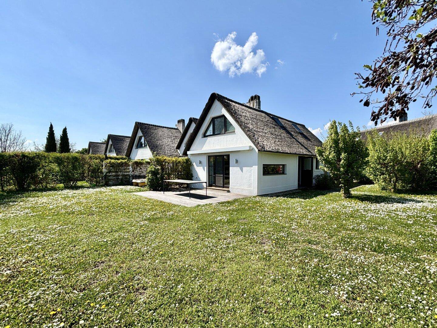 Charmantes Haus mit Reetdach, umgeben von einem weitläufigen Garten mit blühenden Wiesen.
