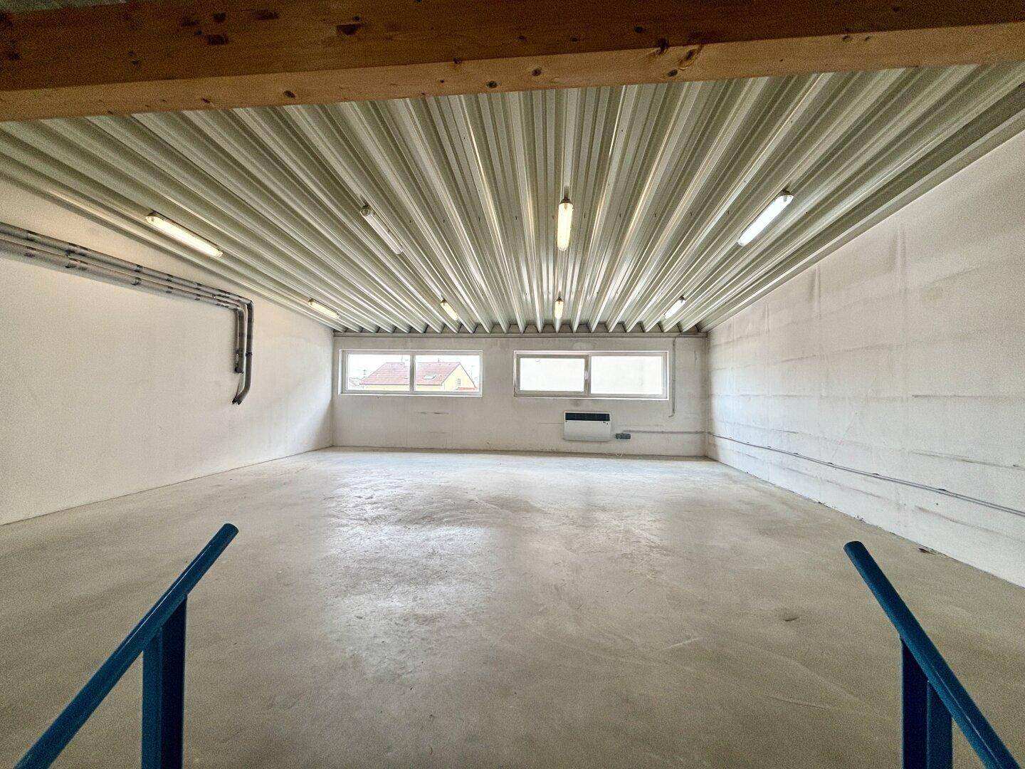 Großer, leerer Gewerberaum mit hohen Decken, großen Fenstern und Betonboden.
