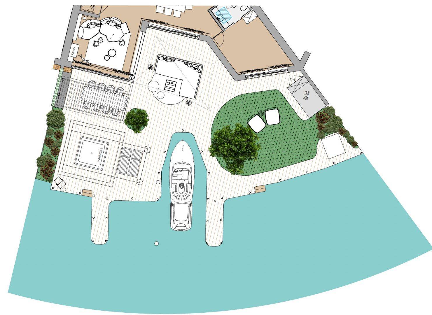 Außenbereichs-Grundriss mit Bootsanleger, Garten, Terrasse und Whirlpool.