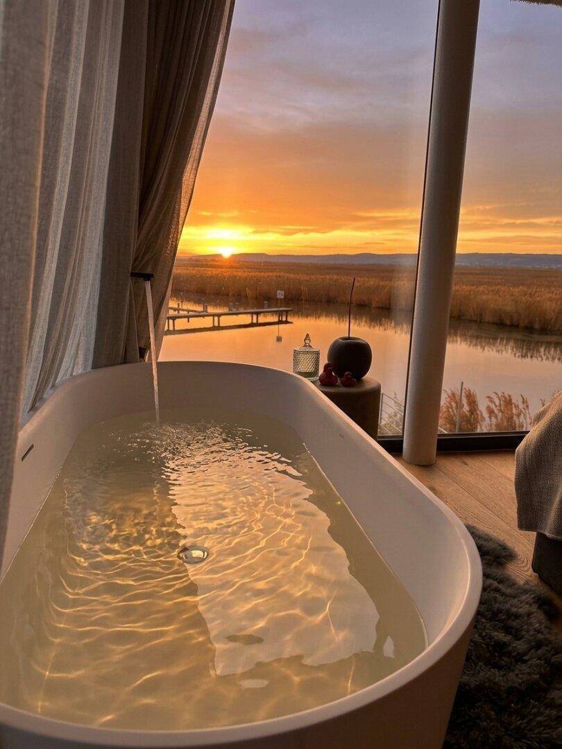 Freistehende Badewanne mit Panoramablick auf die umliegende Natur und den Sonnenuntergang.