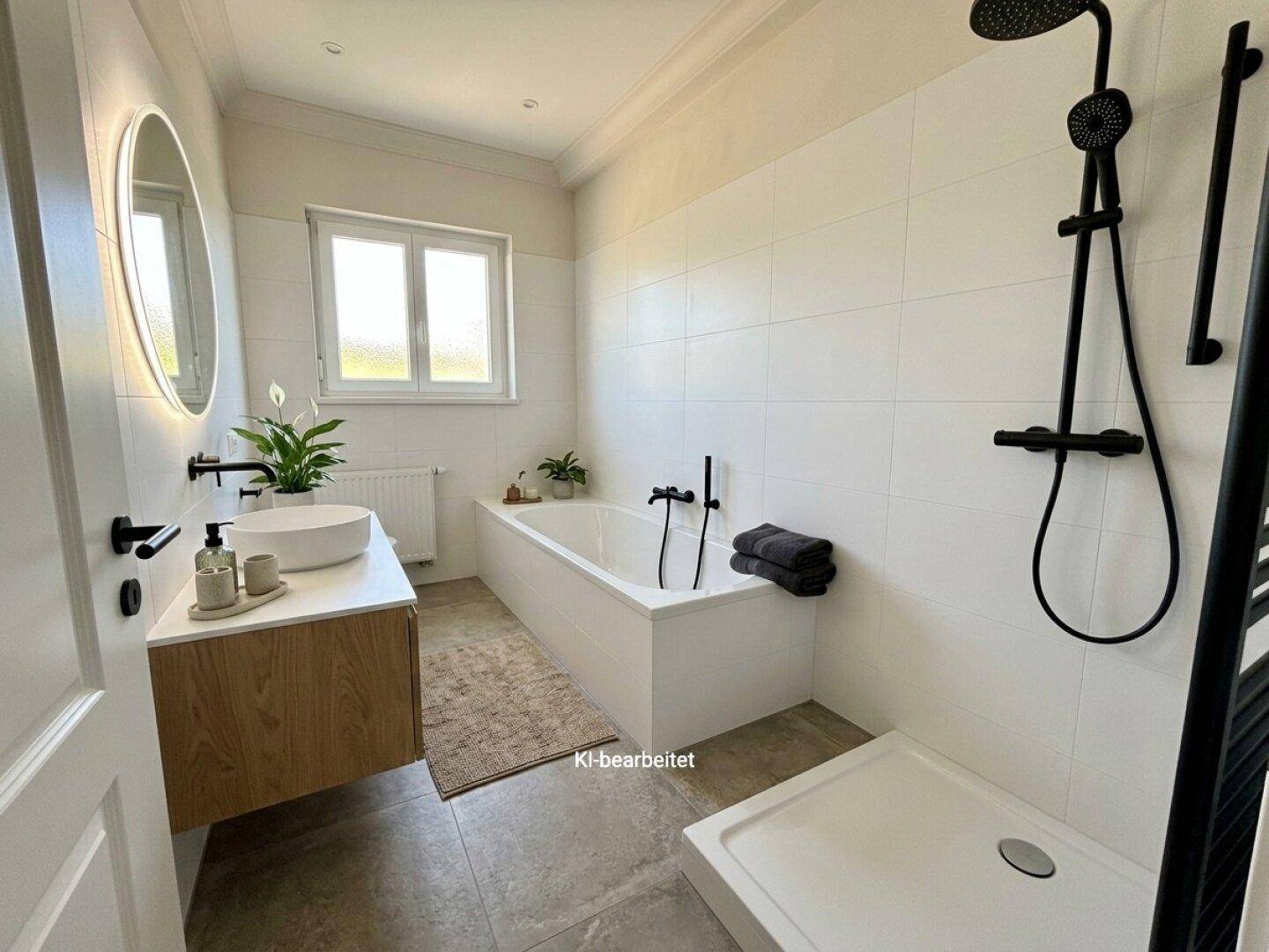 Modernes Badezimmer mit Badewanne, ebenerdiger Dusche und stilvollen schwarzen Armaturen.