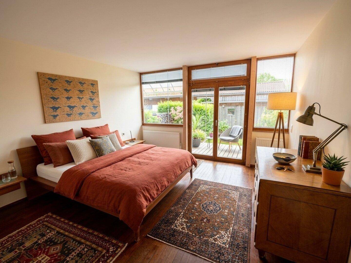 Gemütliches Schlafzimmer mit Holzboden, großem Bett und direktem Zugang zu einer kleinen Terrasse.