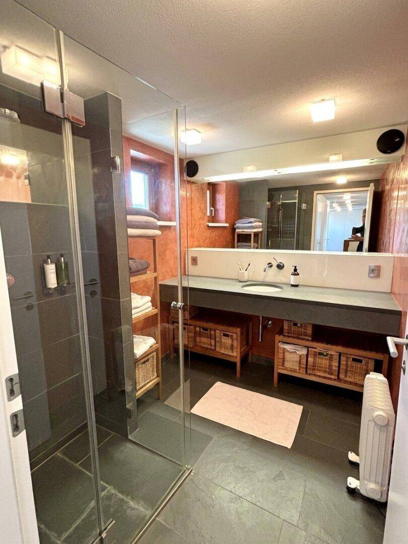 Modernes Badezimmer mit großer begehbarer Dusche, Einzelwaschbecken und dunklen Fliesen.