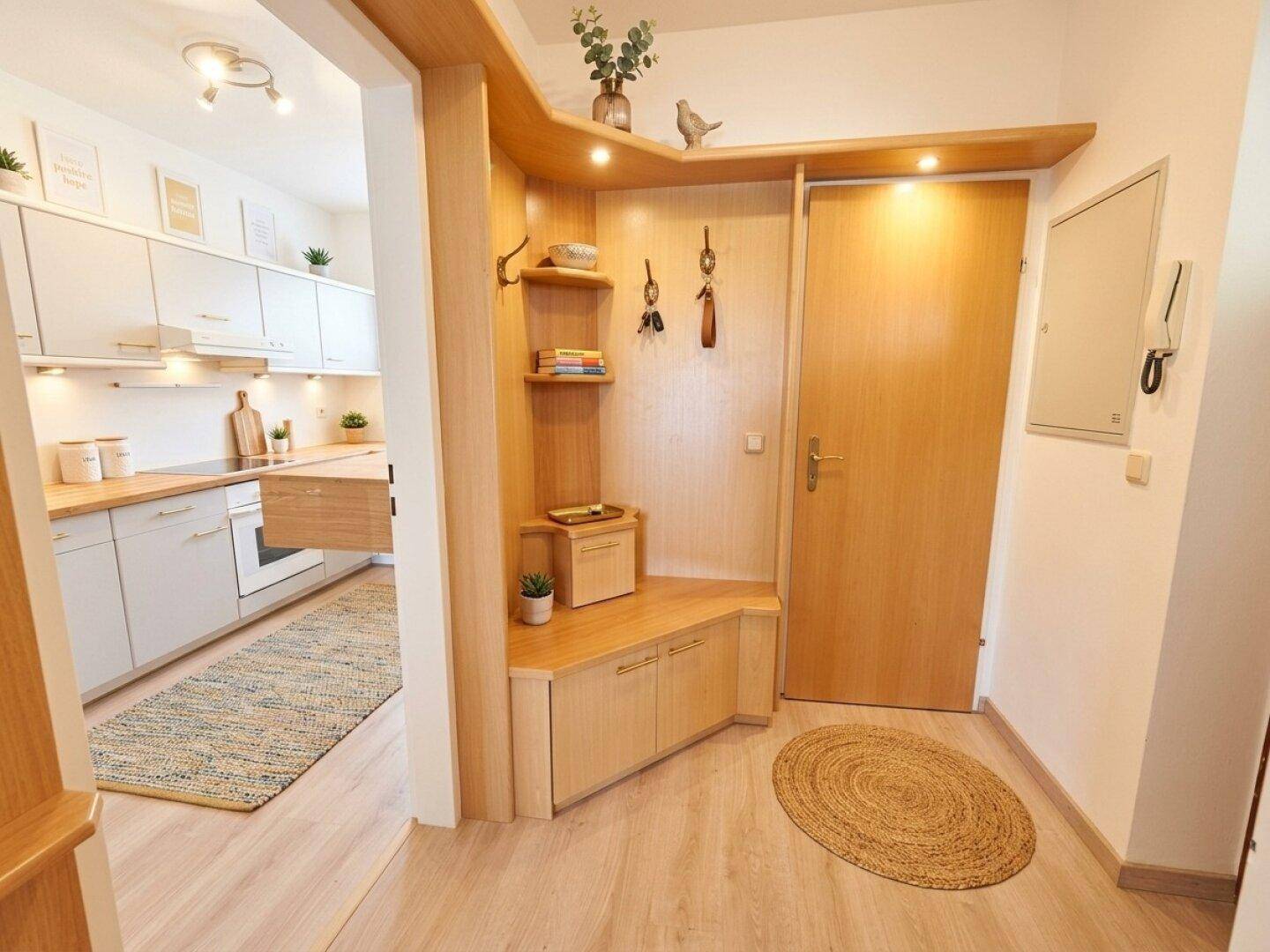 Heller Eingangsbereich mit praktischen Einbaumöbeln und Garderobe.