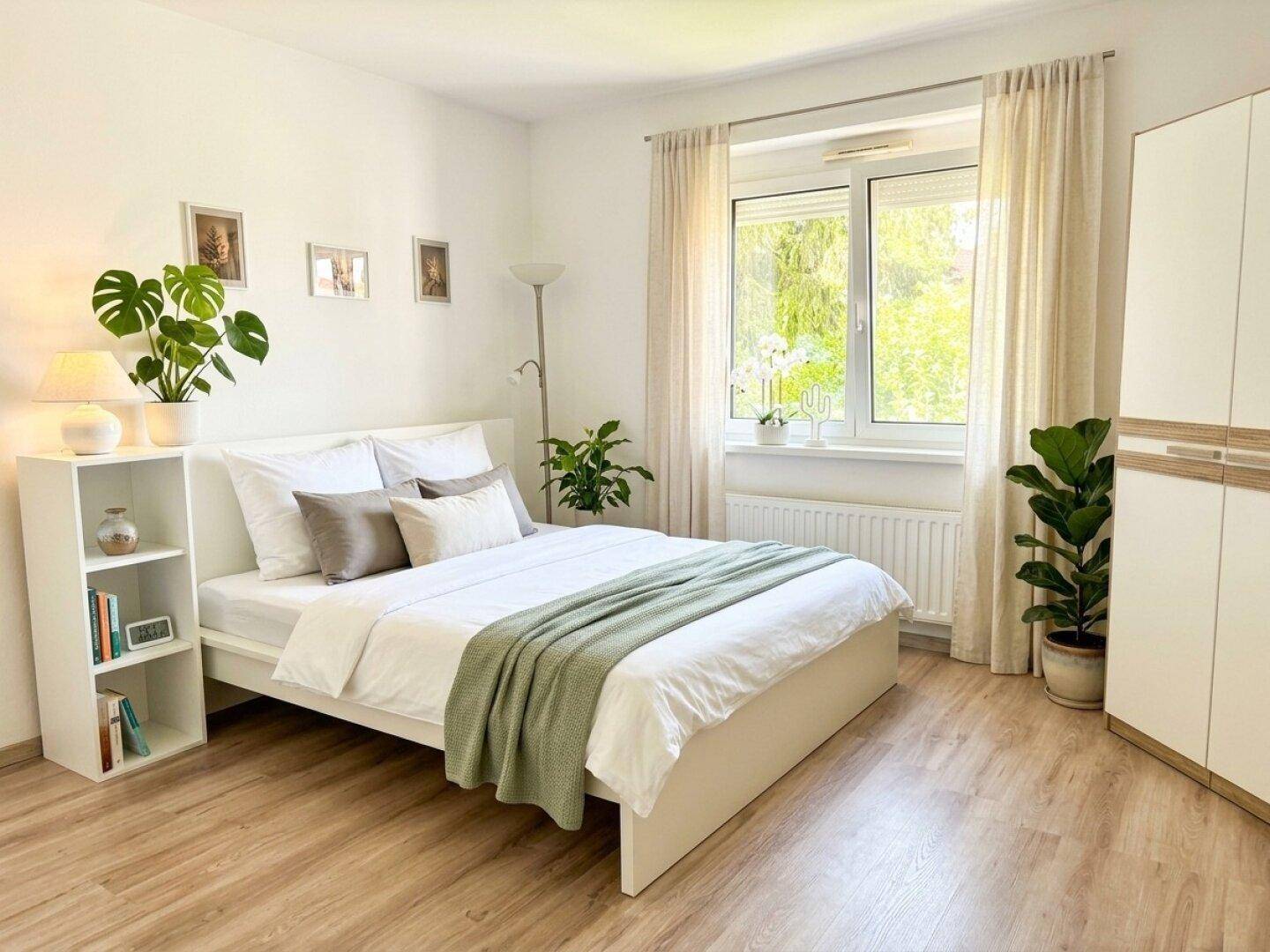 Modern eingerichtetes Schlafzimmer mit weißem Bett und Pflanzen.
