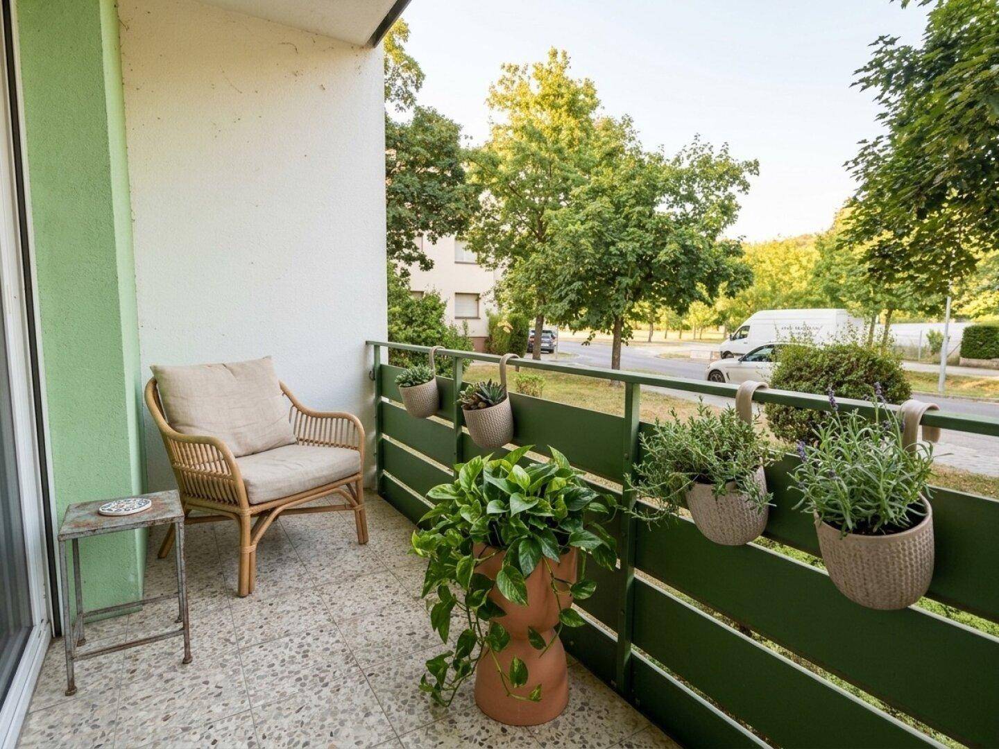 Grüner Balkon mit Rattan-Sessel, Pflanzen und Blick auf die Straße und Bäume.