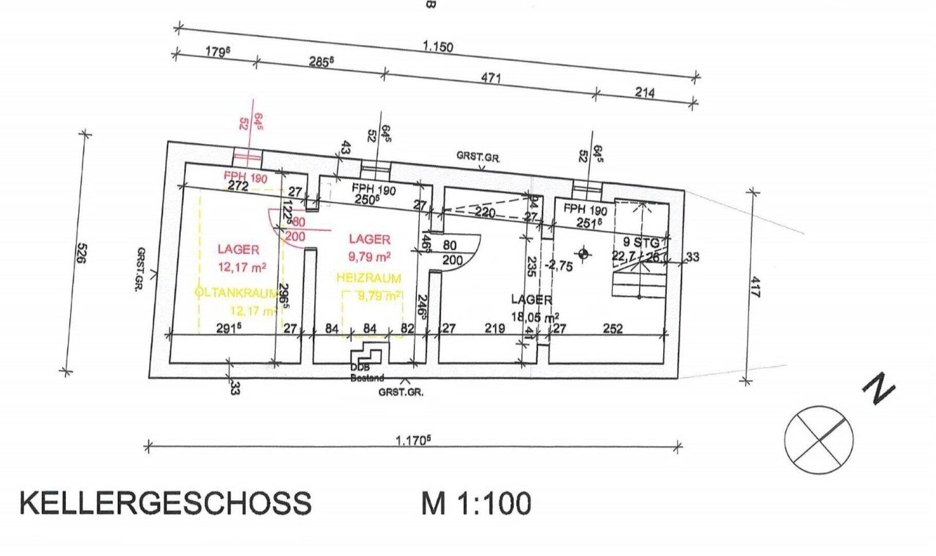 Grundriss des Kellergeschosses mit mehreren Lagerräumen und Heizraum.